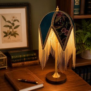 Mid-Century Vintage Tassel Table Lamp | Antique Brass & Fabric Bedside Lamp