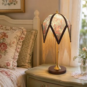 Mid-Century Vintage Tassel Table Lamp | Antique Brass & Fabric Bedside Lamp