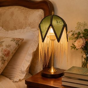 Mid-Century Vintage Tassel Table Lamp | Antique Brass & Fabric Bedside Lamp