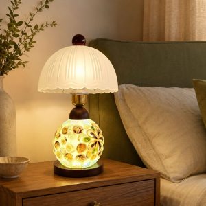 Mosaic Seashell Table Lamp - Coastal Glass & Wood Bedside Light