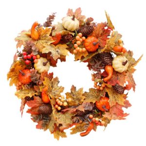 Autumn Pumpkin Wreath Wall Decoration with Lights - 50cm