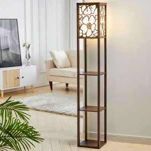 Brown Floor Lamp with Flower Linen Shade 3 Layers Indoor Towered Lamp - Chocolate