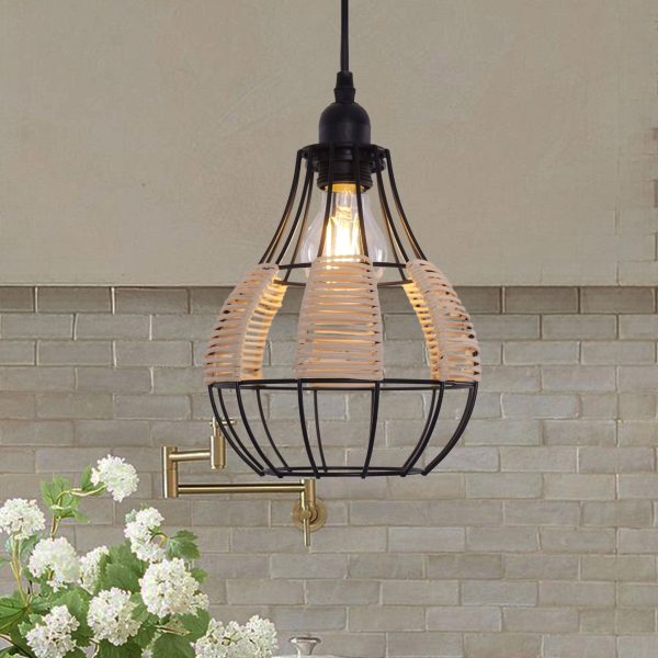 Glyph-Lightsin Rustic Iron Woven Rattan Pendant Light for Dining Room, Reading Corner & Bedroom