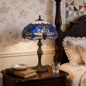 Lightin Tiffany Table Lamp | Handcrafted Stained Glass Dragonfly Series - 12inch / Blue