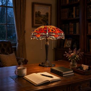 Lightin Tiffany Table Lamp | Handcrafted Stained Glass Dragonfly Series - 16inch / Orange
