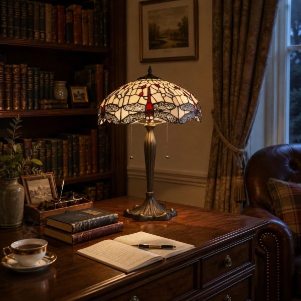 Lightin Tiffany Table Lamp | Handcrafted Stained Glass Dragonfly Series - 16inch / White