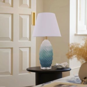 Lightsin 3D Green White Gradient Threaded Ceramic Table Lamp with Fabric Shade - L