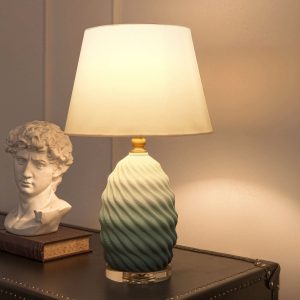 Lightsin 3D Green White Gradient Threaded Ceramic Table Lamp with Fabric Shade - S