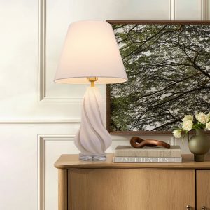 Lightsin 3D Pure White Ceramic Spiral Vase Table Lamp with Fabric Shade - L / 1 Unit