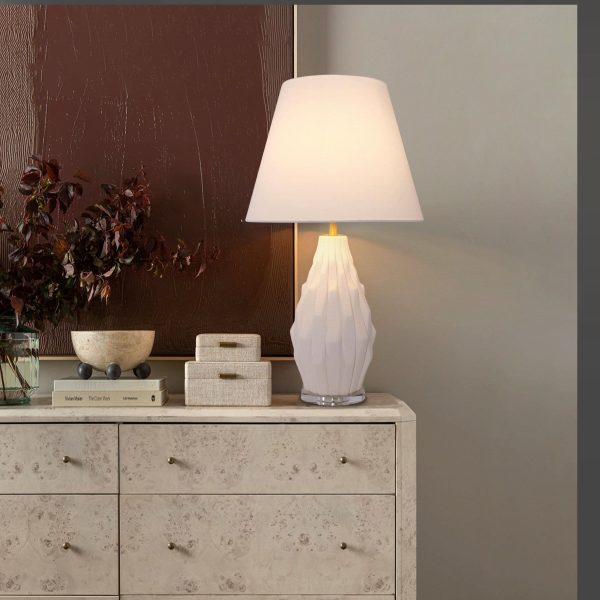 Lightsin 3D Pure White Polygonal Textured Ceramic Table Lamp with Fabric Shade - L / 1 Unit