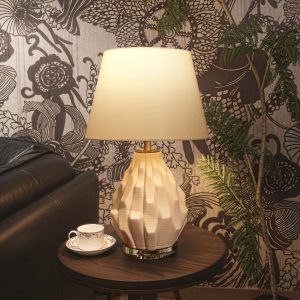 Lightsin 3D Pure White Polygonal Textured Ceramic Table Lamp with Fabric Shade - S / 2 Units