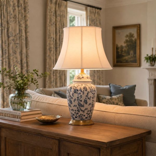 Lightsin Blue Floral Ceramic Table Lamp with Fabric Shade and Brass Base