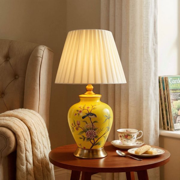 Lightsin Chinoiserie Hand-Painted Ceramic Table Lamp Collection - Yellow-Single Bird