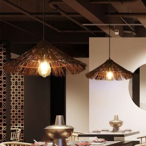 Lightsin Creative Handcrafted Bamboo Straw Hat Retro Decor Pendant Light Series - Brown / A-D60cm