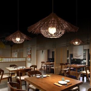 Lightsin Creative Handcrafted Bamboo Straw Hat Retro Decor Pendant Light Series - Brown / B-60cm