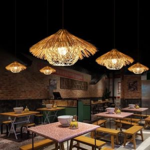 Lightsin Creative Handcrafted Bamboo Straw Hat Retro Decor Pendant Light Series - Natural Rattan / B-60cm