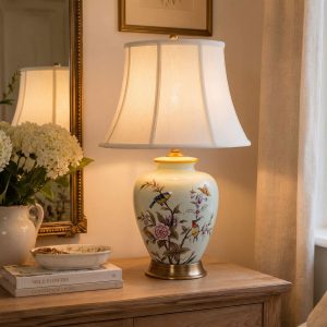 Lightsin Hand-Painted Vintage Ceramic Bird & Floral Table Lamp in Soft Celadon Green