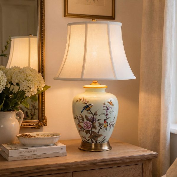 Lightsin Hand-Painted Vintage Ceramic Bird & Floral Table Lamp in Soft Celadon Green