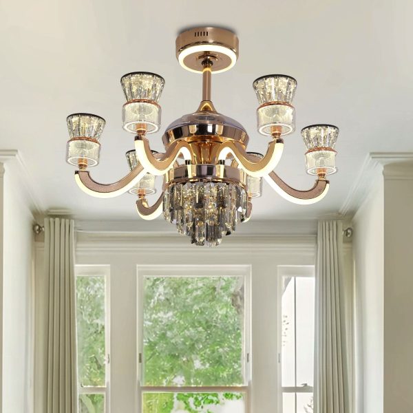 Lightsin Luxurious Palace Crystal Ceiling Fan with LED Color Changing Light - Golden