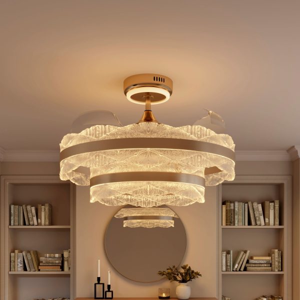 Lightsin Luxury Gold Frame LED Ceiling Fan Light with Retractable Blades - Version A: Water Ripple / Double