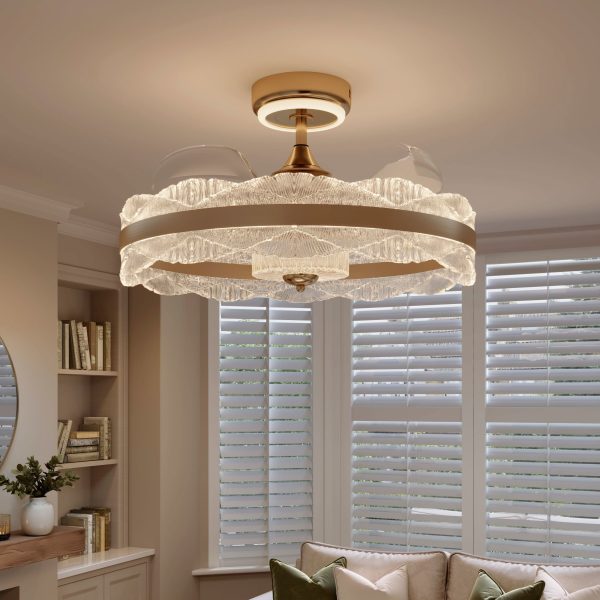 Lightsin Luxury Gold Frame LED Ceiling Fan Light with Retractable Blades - Version A: Water Ripple / Single