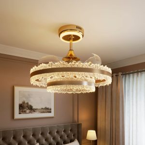 Lightsin Luxury Gold Frame LED Ceiling Fan Light with Retractable Blades - Version B: Tooth Pattern / Double