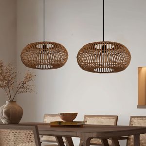Lightsin Natural Bamboo Woven Round Pendant Light for Warm Interiors - 2 Units