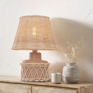 Lightsin Natural Rattan Table Lamp with Pink Wood Base for Bedroom and Living Room - 1 Unit