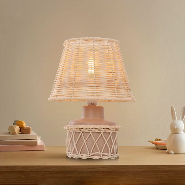 Lightsin Natural Rattan Table Lamp with Pink Wood Base for Bedroom and Living Room - 2 Units