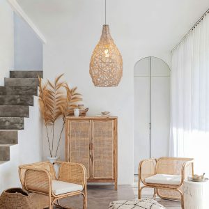 Lightsin Natural Rattan and Bamboo Pendant Light with Iron Frame - B / 1 Unit