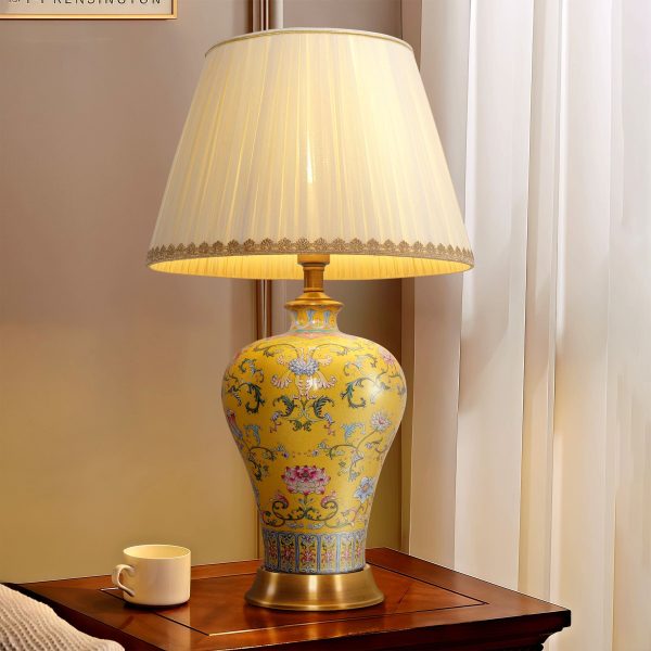 Lightsin Vibrant Ceramic Table Lamps for Living Room - Handcrafted Design with Warm Fabric Shade - Yellow / M
