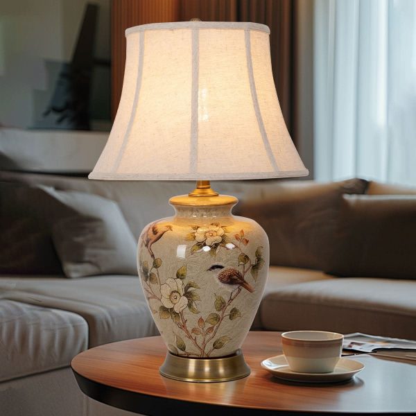 Lightsin Vintage Ceramic Bird-Pattern Table Lamp with Fabric Shade - Ceramic Bird-Pattern Table Lamp