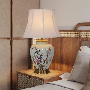 Lightsin Vintage Ceramic Bird-Pattern Table Lamp with Fabric Shade - Ceramic Floral Table Lamp