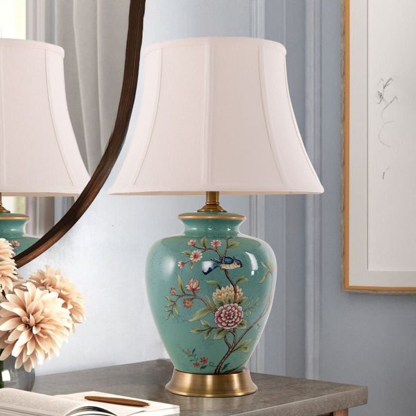 Lightsin Vintage Ceramic Bird-Pattern Table Lamp with Fabric Shade - Green Floral Ceramic Table Lamp