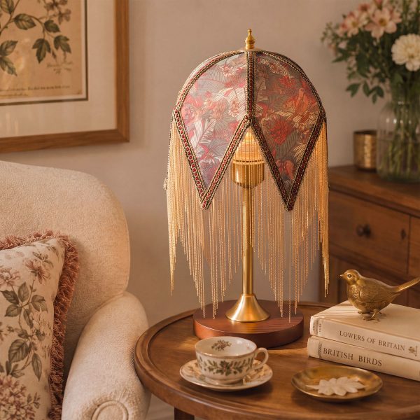 Mid-Century Vintage Tassel Table Lamp | Antique Brass & Fabric Bedside Lamp - Blossom / Pre-Order