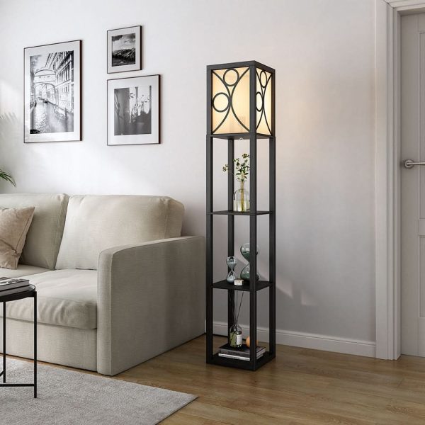 Modern Floor Lamp with 3 Wood Shelves - Black
