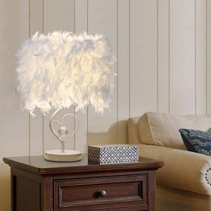 White Feather Table Lamp Bedside Nightstand Lamp with Heart Shape Base