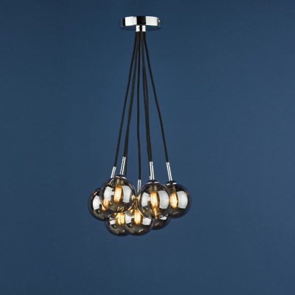 Dar Lighting Elpis 7 Light Cluster Ceiling Pendant Light In Polished Chrome Finish With Smoked Glass