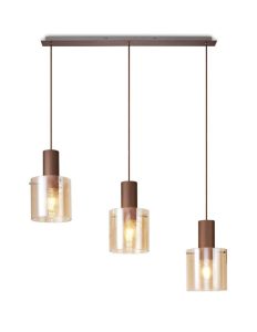 Nordic 3 Light Linear Ceiling Pendant Light in Mocha Finish With Amber Glass