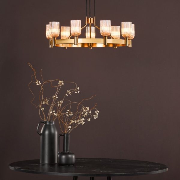 Dar Lighting Hilaria 9 Light Ceiling Pendant Light In Antique Gold With Amber Ribbed Glass HIL1335