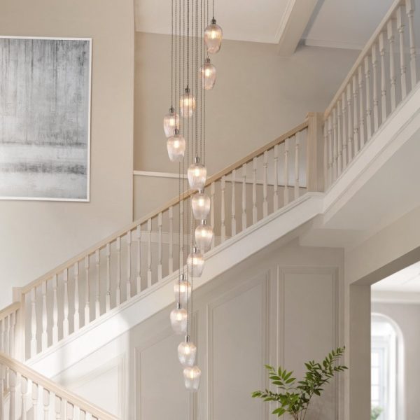 Mulberry 13 Light Cascade Ceiling Pendant Light In Bright Nickel With Clear Ribbed Glass Shades