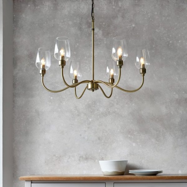 Swan 6 Light Ceiling Pendant Light In Antique Brass With Clear Glass Shades